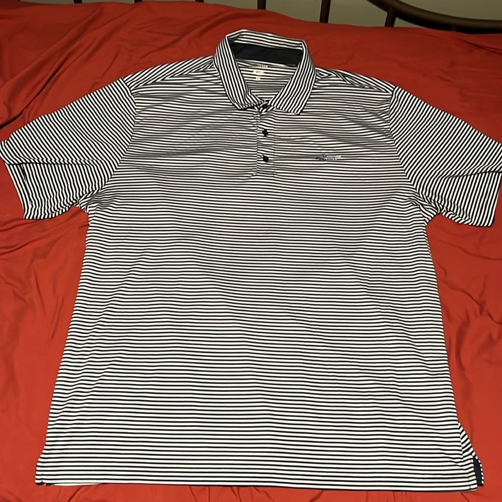 Greg Norman Golf Shirt - Dark Blue/Black Striped - Shark Logo - XXL - PlayDry